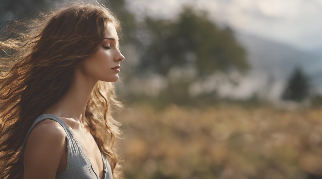 ai generated, woman, sunset, young, smile, nature, charisma, self worth, self-consciousness, motivation, portrait, beautiful, beauty, outdoors